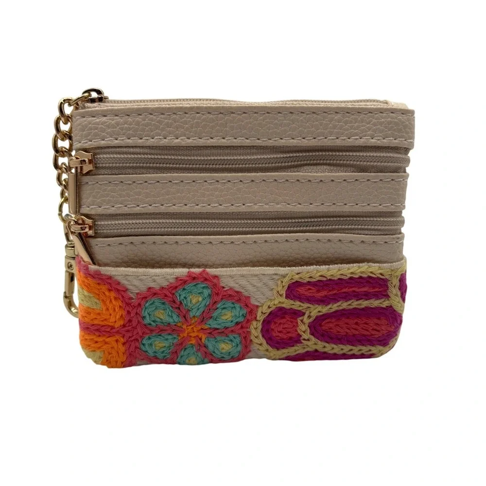 Wittchen Coin Purse Womens OS Cream Excellent Embroidered Floral Card Holder